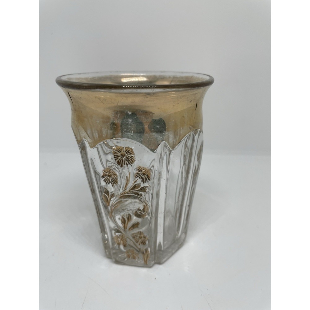 Indiana Glass Victorian "Paneled Heather" Tumbler Gold Pattern & Rim 4" Tall 8oz
